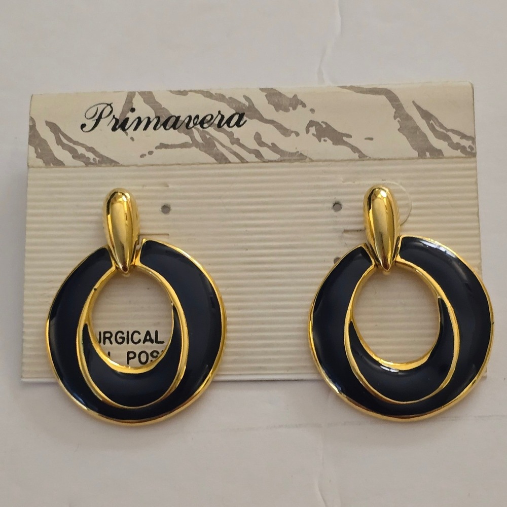 Vintage 80s Primavera Black Enamel Gold Tone Door Knocker Earrings NWT